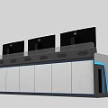 Modern Office Desk With Three Monitors And Blue Accent Storage Cabinets