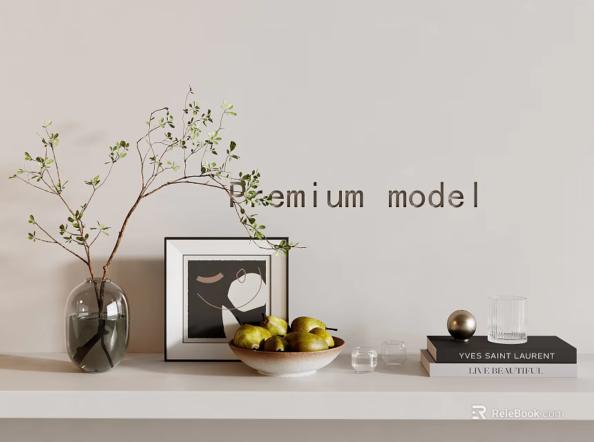 Decorative Ornament Set With Glass Vase Framed Art Green Apple Bowl Golden Ball And Books 3d model 