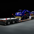 Blue Heavy Duty Utility Vehicle Transporting Excavator On Flatbed Trailer At Night
