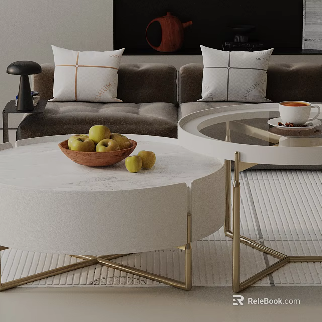 Brown Sofa With Pillows And White Round Coffee Tables Set Gold Legs Apples Coffee Cup 3d model 