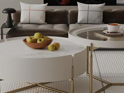 Brown Sofa With Pillows And White Round Coffee Tables Set Gold Legs Apples Coffee Cup 3d model