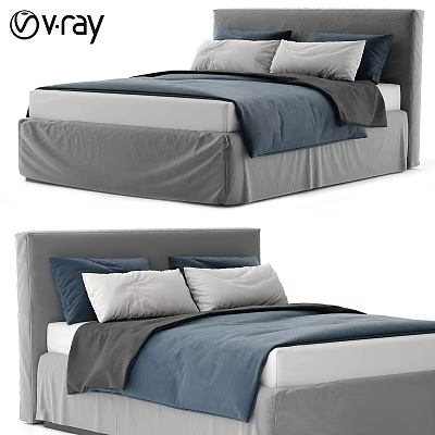 Modern Double Bed With Gray Headboard Blue Bed Sheet And Soft Pillows 3d model