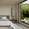 Modern Bedroom Interior With Gray Headboard Large Bed White Quilt Floor-to-ceiling Window And Green Plants