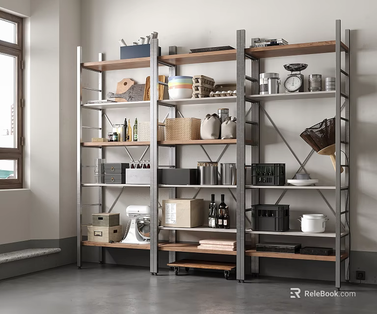 Modern Bathroom Cabinet Rack with Metal Frame Wood Shelves Storage Baskets Jars Towels 3d model 