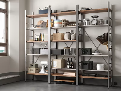 Modern Bathroom Cabinet Rack with Metal Frame Wood Shelves Storage Baskets Jars Towels 3d model