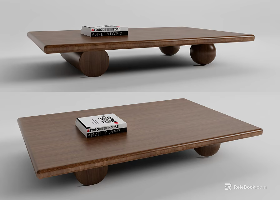 Modern Wooden Coffee Table With Rectangular Top Round Legs And Items On Top 3d model