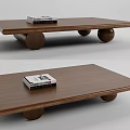 Modern Wooden Coffee Table With Rectangular Top Round Legs And Items On Top 3d model