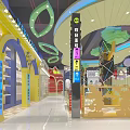 Indoor Kids Playground With Colorful Decorations Cartoon Elements Arched Doorways And Lighting