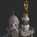 European Style Architectural Model With Bell Tower Dome And Stone Walls
