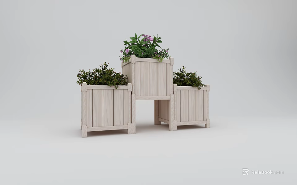 Three Wooden Planters in Different Heights with Purple Flowers and Green Plants for Garden Decor 3d model 