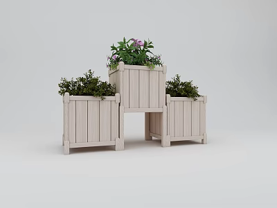 Three Wooden Planters in Different Heights with Purple Flowers and Green Plants for Garden Decor 3d model