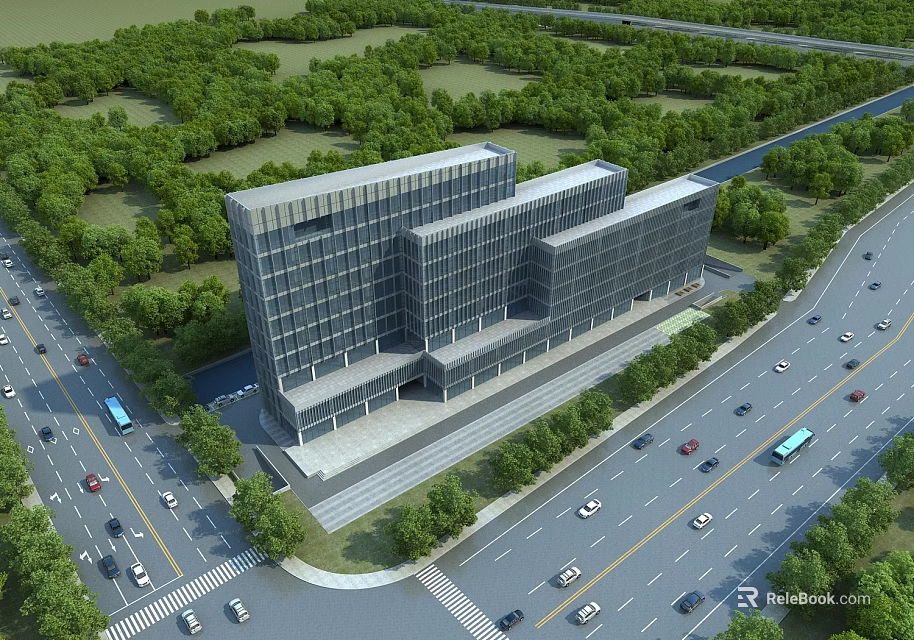 Aerial Planning of Modern Commercial Building With Roads Trees and Vehicles 3d model 
