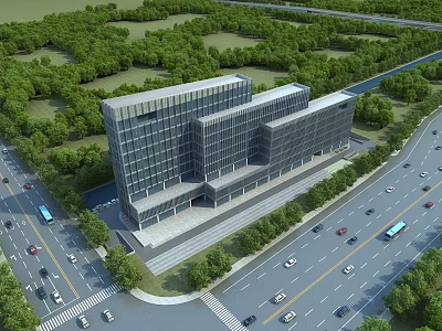 Aerial Planning of Modern Commercial Building With Roads Trees and Vehicles 3d model