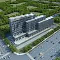 Aerial Planning of Modern Commercial Building With Roads Trees and Vehicles