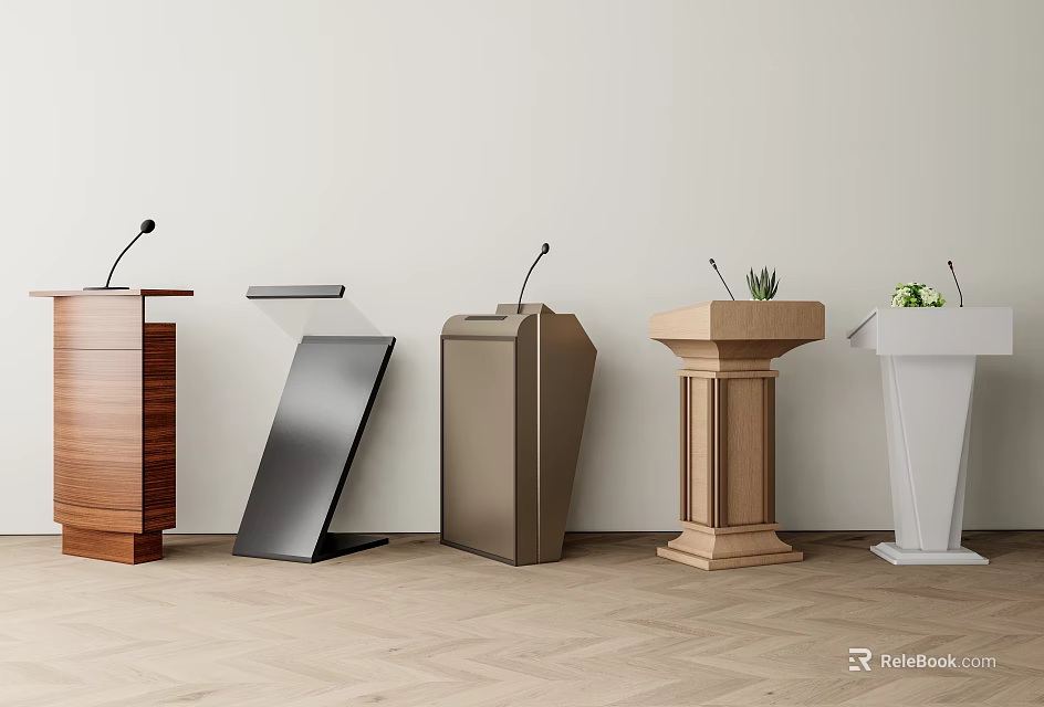 Various Stylish Podiums In Wood And Metal Designs With Microphones And Small Plants 3d model 