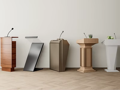 Various Stylish Podiums In Wood And Metal Designs With Microphones And Small Plants 3d model