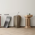 Various Stylish Podiums In Wood And Metal Designs With Microphones And Small Plants