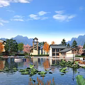 Scenic Water Fountain in Resort Area with Mountain Backdrop Lotus Leaves Reflections and Traditional Buildings