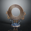 Ornamental Decorative Set With Circular Metal Frame Gold Blue Accents And Curved Design Elements