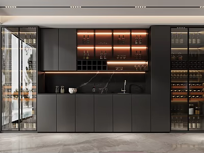 Modern Black Wine Cabinet With Glass Doors Marble Countertop And Lighted Wine Racks 3d model