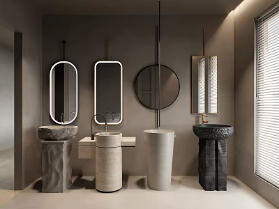 Four Different Designed Washbasins in Modern Bathroom with Various Shaped Mirrors 3d model
