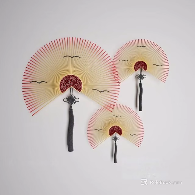 Three Fan Shaped Wall Decor With Yellow Background Red Edges And Black Handles 3d model 