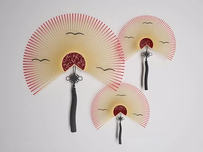Three Fan Shaped Wall Decor With Yellow Background Red Edges And Black Handles 3d model