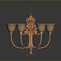 Vintage Copper Chandelier With Curved Design And Five Orange Glass Shades