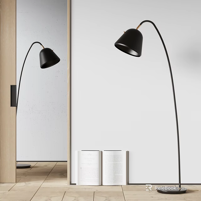 Black Arc Floor Lamp In Minimalist Interior With Mirror And Books 3d model 