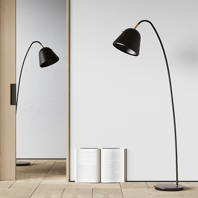 Black Arc Floor Lamp In Minimalist Interior With Mirror And Books 3d model