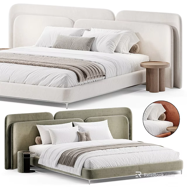 Modern Upholstered Headboard Double Bed Design With Soft Pillows Striped Blanket And Wooden Nightstand 3d model 