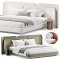 Modern Upholstered Headboard Double Bed Design With Soft Pillows Striped Blanket And Wooden Nightstand