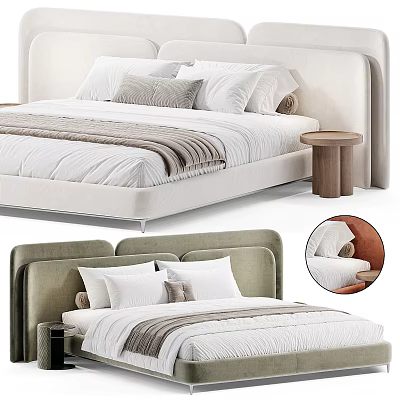 Modern Upholstered Headboard Double Bed Design With Soft Pillows Striped Blanket And Wooden Nightstand 3d model
