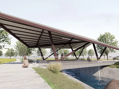 Modern Landscape Bridge With Sloped Roof Metal Frame Over River And Natural Surroundings 3d model
