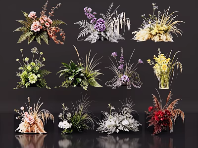 Colorful Flower Arrangements In Decorative Vases With Various Orchid Rose And Fern Designs 3d model