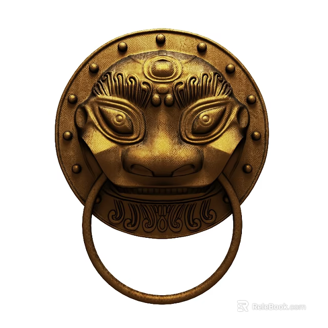 Traditional Golden Lion Head Door Knocker With Intricate Carved Decorative Ring 3d model 