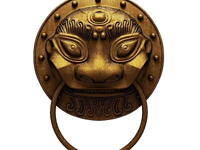 Traditional Golden Lion Head Door Knocker With Intricate Carved Decorative Ring 3d model