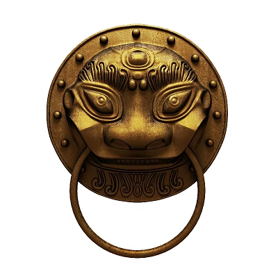Traditional Golden Lion Head Door Knocker With Intricate Carved Decorative Ring 3d model