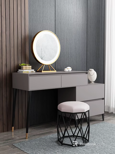Grey Dressing Table With Round Gold Frame Mirror Drawers And White Cushioned Stool 3d model