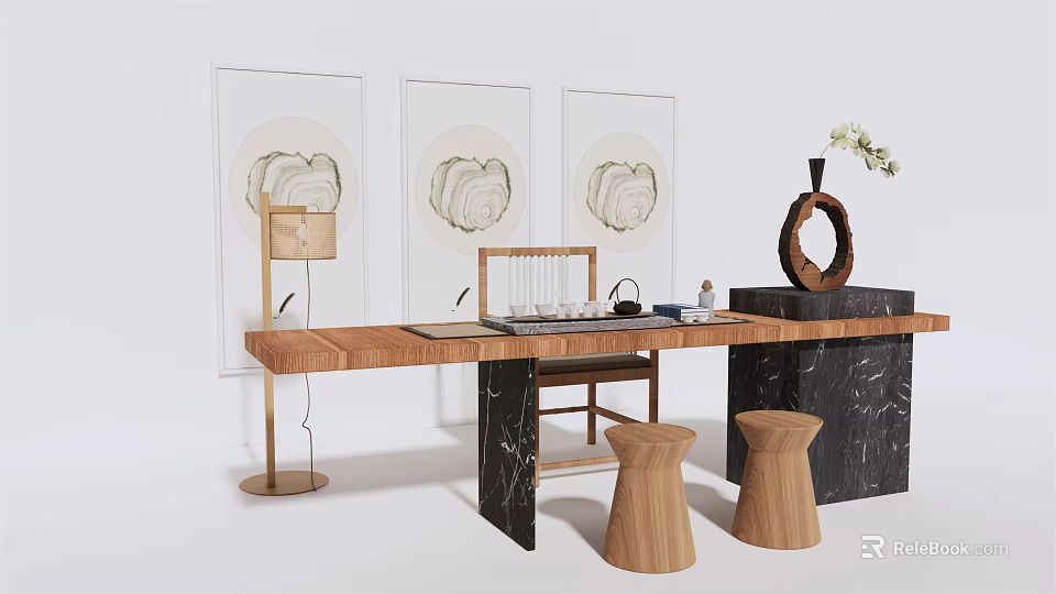 Wooden Tea Table and Chairs with Marble Top Artwork Floor Lamp and Stools 3d model 