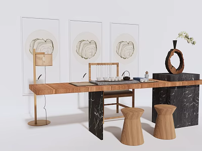 Wooden Tea Table and Chairs with Marble Top Artwork Floor Lamp and Stools 3d model
