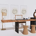 Wooden Tea Table and Chairs with Marble Top Artwork Floor Lamp and Stools