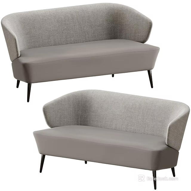 Gray Modern Fabric Sectional Sofa With Curved Backrest And Black Tapered Legs 3d model 