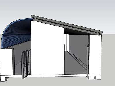 Modern Architectural Structure Design With White Walls Curved Blue Roof And Black Door 3d model