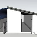 Modern Architectural Structure Design With White Walls Curved Blue Roof And Black Door