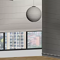 Light Colored Vertical Stripe Curtain For Indoor Window With Pendant Light
