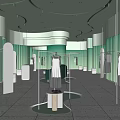 Modern Clothing Store Interior Featuring Green Curved Walls Transparent Racks Hanging Clothes and White Bench