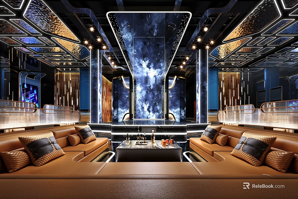 Luxury KTV Lounge Interior With Comfortable Sofas Modern Lighting And Decorative Wall 3d model