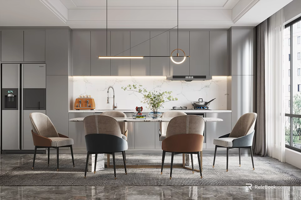 Modern Dining Table Set With Four Chairs And Pendant Lights In Kitchen Interior 3d model 