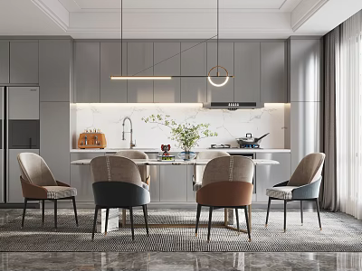 Modern Dining Table Set With Four Chairs And Pendant Lights In Kitchen Interior 3d model